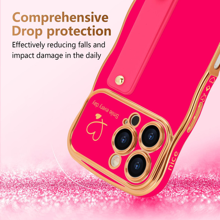 LLZCOQUE for iPhone 16 Pro Case for Women Girls with Strap Wave Frame Cute LoveHeart Plating Bling Stand Cover Raised Fu