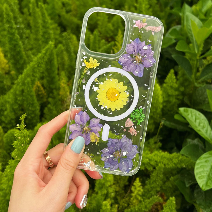 ASONCE Real Flowers for iPhone 12 Pro Max Case CuteClear Magnetic Cover with Pressed Dry Floral for Women and Girly Comp