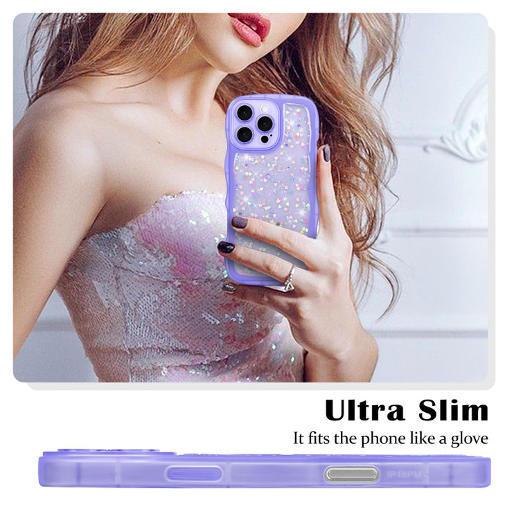 Newseego for iPhone 16 Pro Max Case Luxury Sparkle Bling Love Hearts Curly Wave Shape Clear Case for Women Girls Soft TP