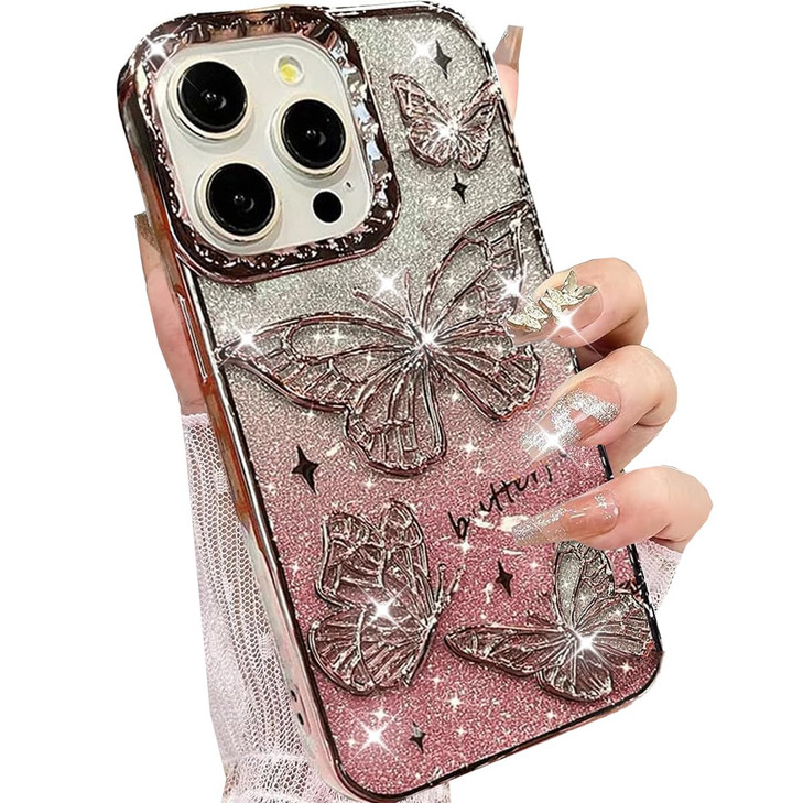 Changjia Glitter 3D Butterfly Case for iPhone 16 Pro MaxCute Luxury Butterfly Design Gradient Bling Sparkly Paper TPU Pl