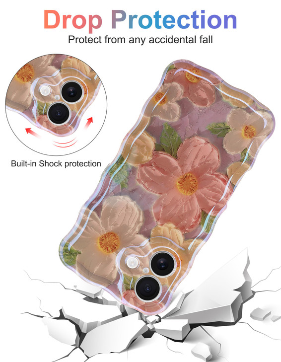 Jusy Case for iPhone 16 Plus Colorful Retro Oil Painting Printed Flower Laser Blue Glossy Pattern Cute Curly Wave Phone