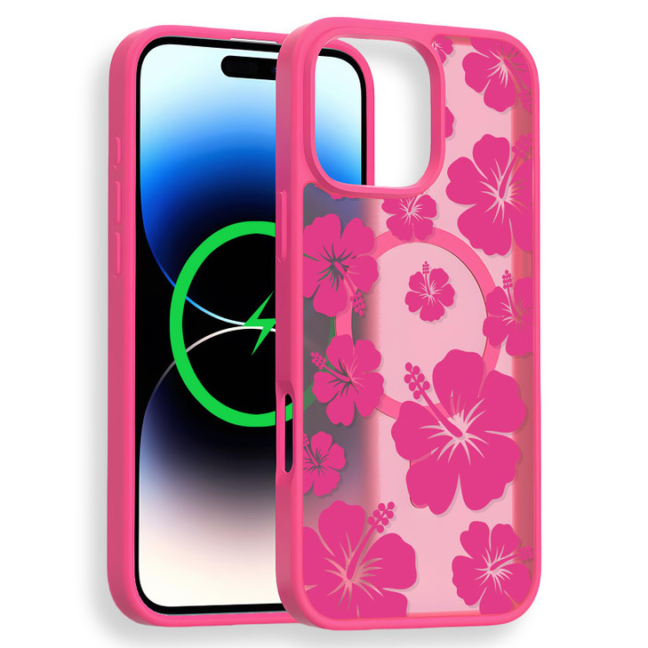 Burmcey Magnetic for iPhone 16 Pro Max Case Cute Hibiscus Flower Floral Pattern Hot Pink Design Compatible with Magsafe