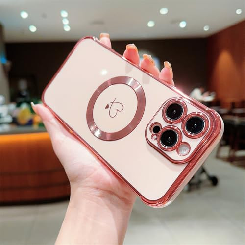 Hosgor for iPhone 16 Pro Max Case for Women Girls Compatible with MagSafe Luxury Love Heart Pattern Plating Cover for Gi