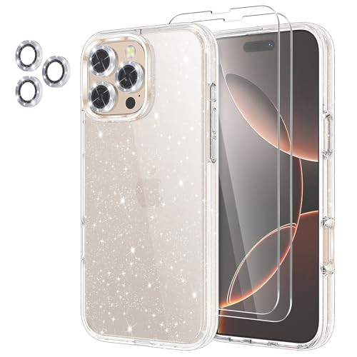 Jasmeas for iPhone 16 Pro Max Case Clear Glitter with 2 Pack Screen Protector 3 Pack Camera Lens Protector Sparkle PC Ha