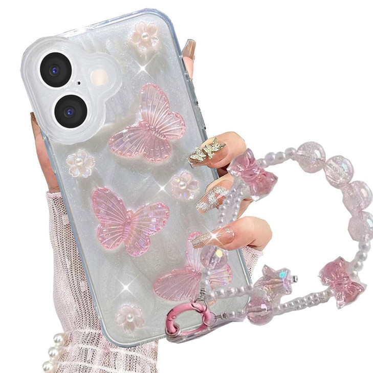AuroiCCY for iPhone 16 Plus Clear Bling Glitter Case Cute Bow Butterfly Pearl Aesthetic Girly Transparent Phone Case wit