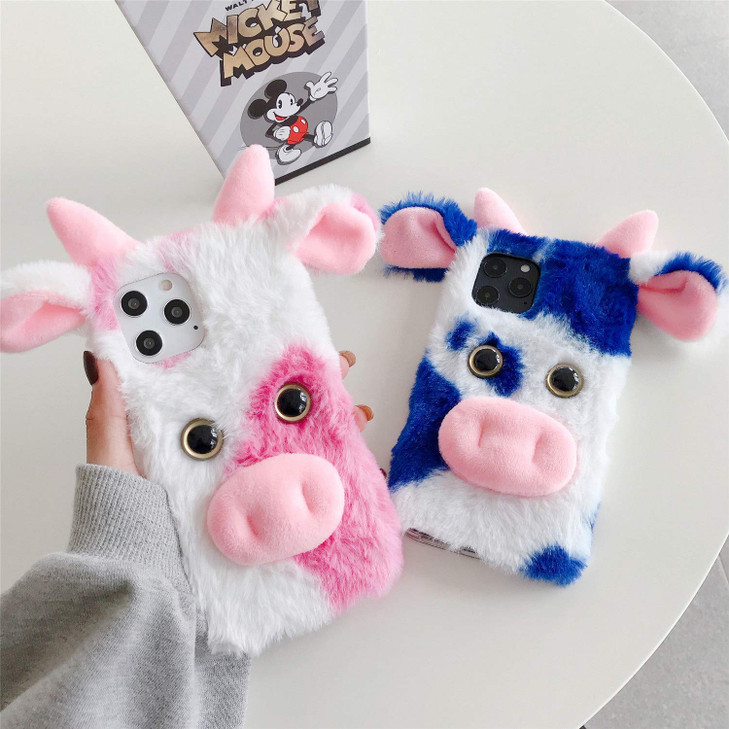 LUVI Compatible with iPhone 16 Pro Max Case 3D Cute Plush Furry Fuzzy for Women Fuzzy Fluffy Cartoon Cow Faux Fur Hair P