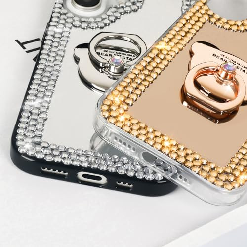 LUVI Compatible with iPhone 16 Plus Mirror Case Bling for Women Girls with Ring Stand Cute Glitter Diamond Rhinestone Ho