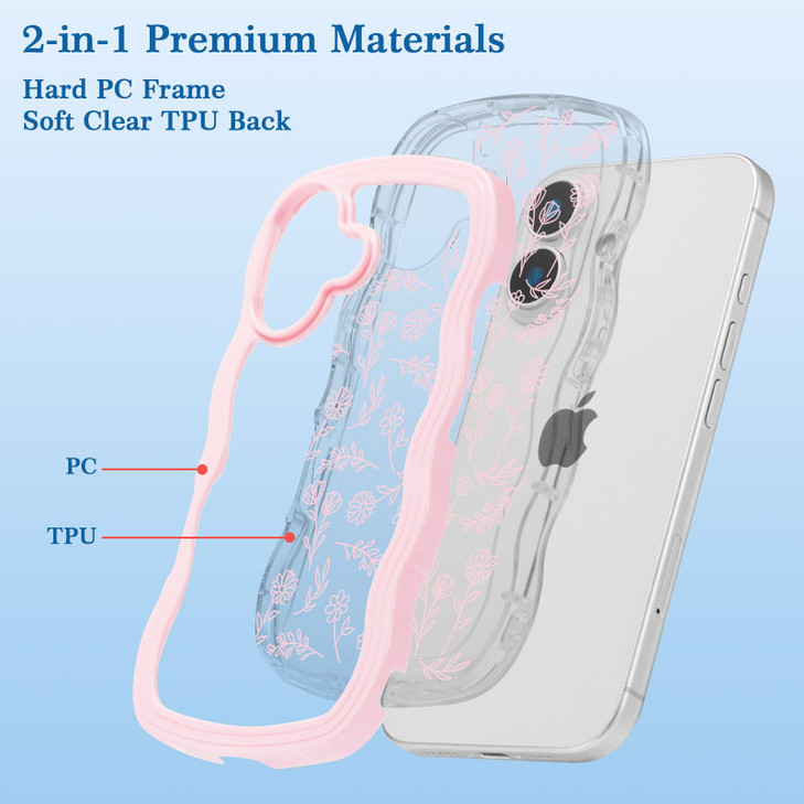 QLTYPRI for iPhone 16 Case Curly Wave Frame Clear Phone Case with Aesthetic Floral Flower Design for Girls Women Clear S