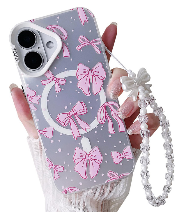 MINSCOSE for iPhone 16 CaseCompatible with MagneticCute Bow Tie Ribbon Laser Design with ChainSoft TPU Camera Lens Prote