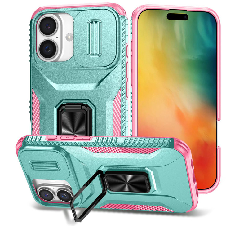 Eilkmcre for iPhone 16 Plus 5G Phone Case Heavy Duty Rugged Hard PC Back Cover with Ring Kickstand Slide Camera Lens Cov