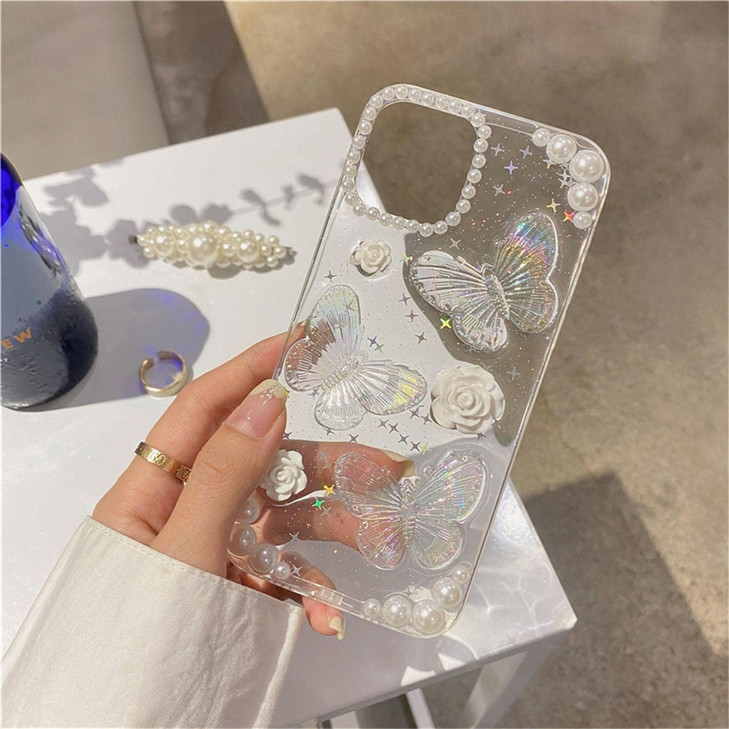 Fycyko Compatible for iPhone 16 Pro Max Case 3D Butterfly Floral Clear with Aesthetic Design Women Girls Glitter Pretty