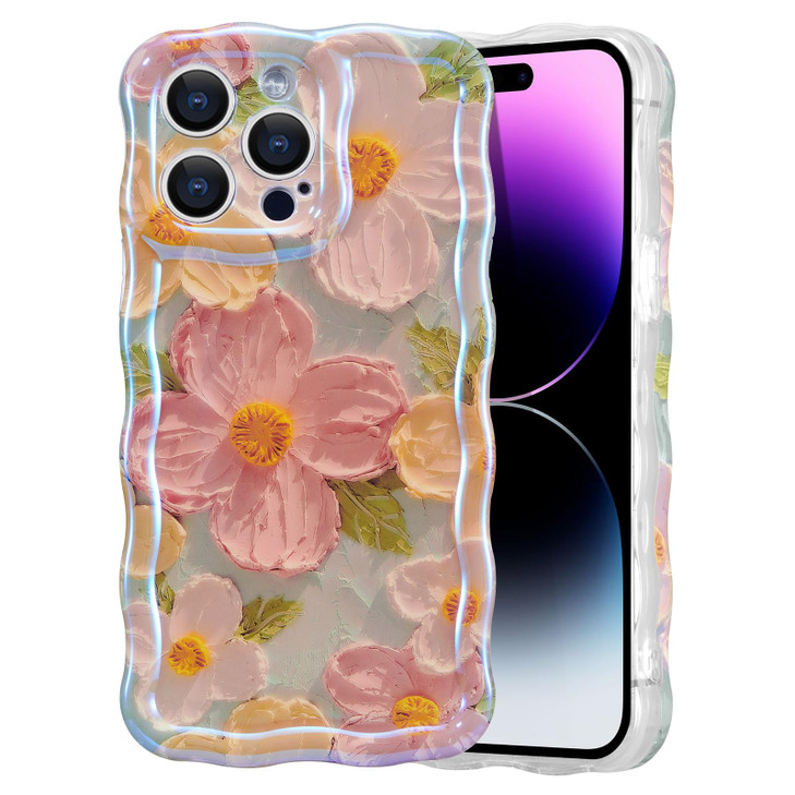 EYZUTAK Case for iPhone 16 Pro Colorful Retro Oil Painting Printed Flower Laser Glossy Pattern Cute Curly Wave Edge Exqu