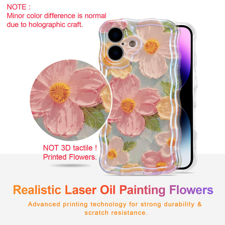 EYZUTAK Case for iPhone 16 Plus Colorful Retro Oil Painting Printed Flower Laser Glossy Pattern Cute Curly Wave Edge Exq