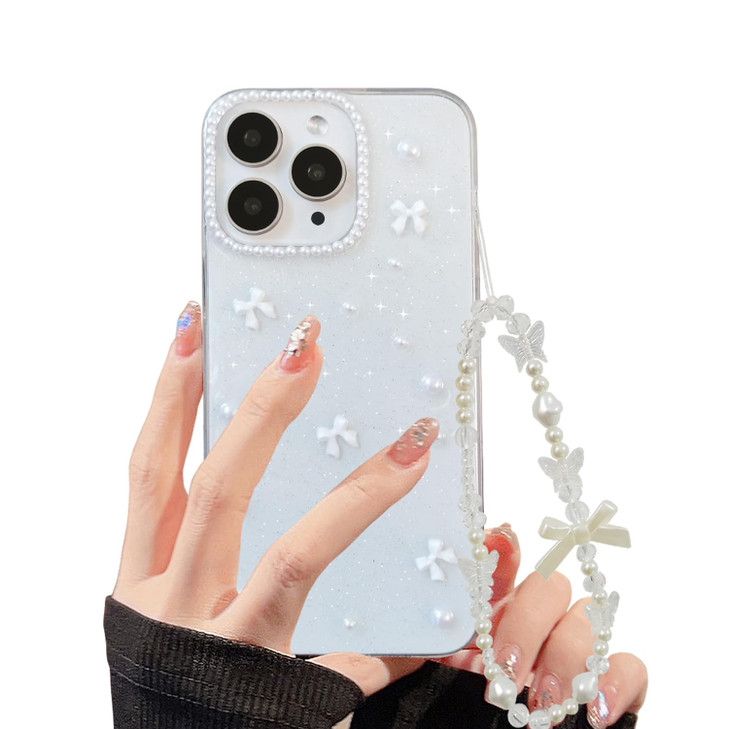 XQAGU Phone Case for iPhone 16 Plus Clear Glitter Case with Cute Bow Pearl Aesthetic Girly with Phone Charms Chain Brace