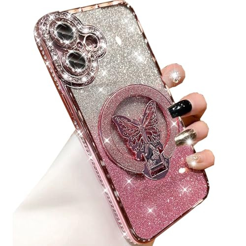 Changjia Magnetic Stand Glitter Case for iPhone 16 PlusCompatible with Magsafe Cute Bling Sparkly Diamond with Camera Pr