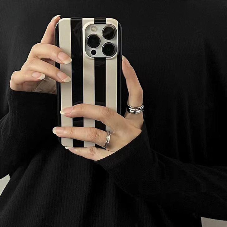 Black White Striped Phone Case Compatible with iPhone 16 NOT Pro 2024 Stylish Strip Print Chic Retro Aesthetic Full Came
