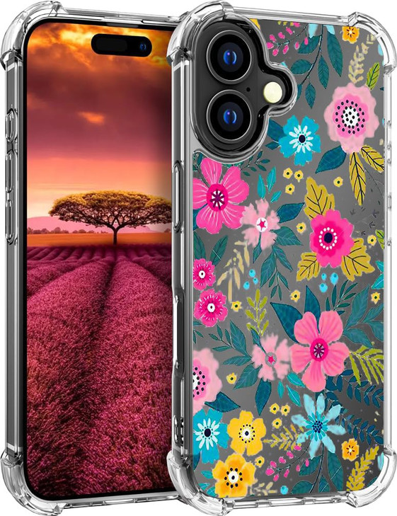 YCJACE Phone Case for iPhone 16 Clear Case with Pink Floral Design Soft TPU Shock Absorption Slim Embossed Pattern Prote