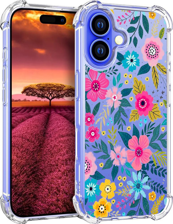 YCJACE Phone Case for iPhone 16 Clear Case with Pink Floral Design Soft TPU Shock Absorption Slim Embossed Pattern Prote