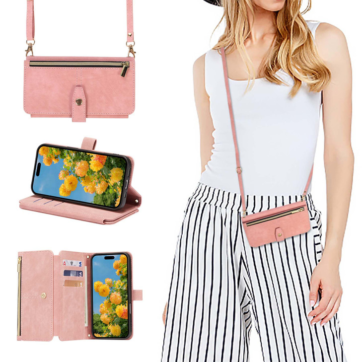 ZCDAYE for iPhone 16 Plus Wallet Case with Strap iPhone 16 Plus Crossbody Case with Card Holder for Women Zipper Leather