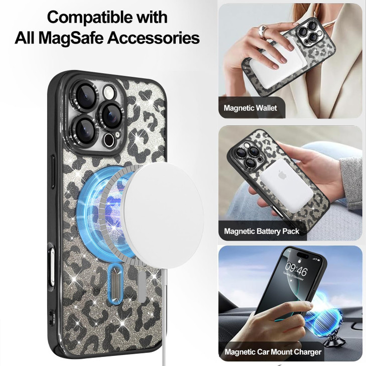 TEAUGHT Glitter Magnetic Case for iPhone 16 Pro Compatible with MagSafe Bling Cute Leopard Cheetah Print Designed for Wo