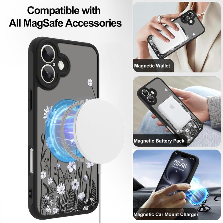 TEAUGHT Magnetic Case for iPhone 16 Compatible with MagSafe Cute Flower Floral Pattern Designed for Women Girls Black Ma