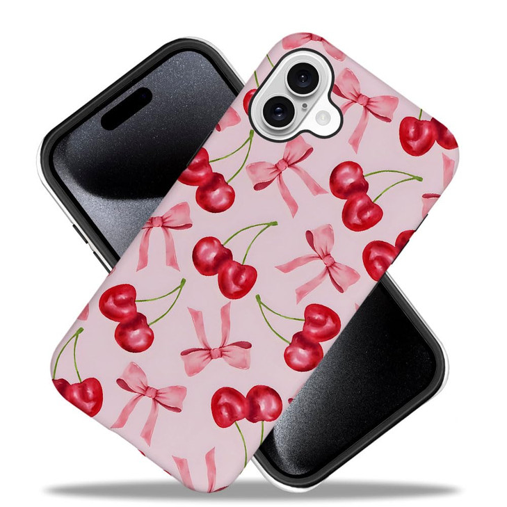 Generic Case for iPhone 16 Plus Drop Protection Phone Cover Hybrid Case for Girl Women Cherry Ribbon Bow Fruit Pink