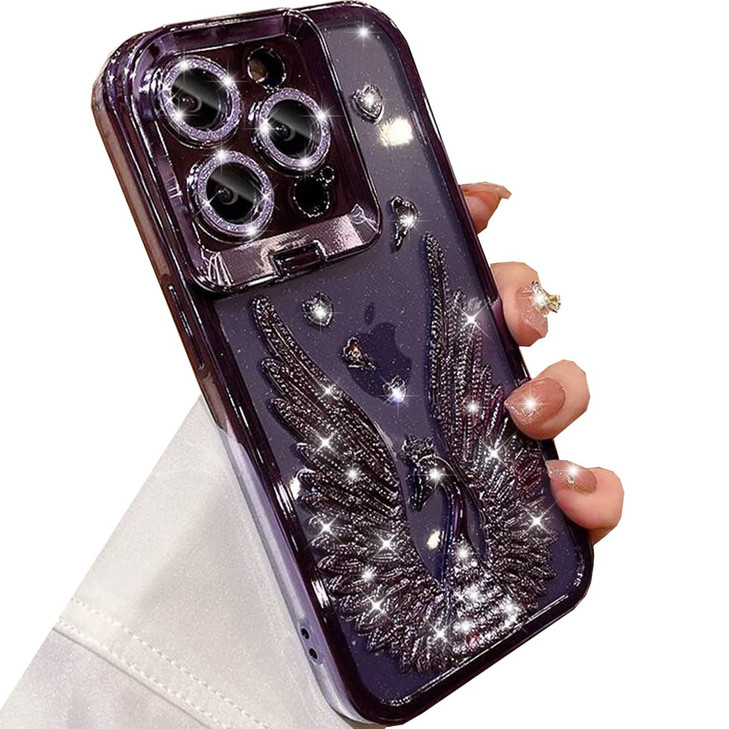 Changjia Glitter Kickstand Case for iPhone 16 Pro MaxCute 3D Bling Sparkly Diamond Wings with Camera Protector Stand TPU