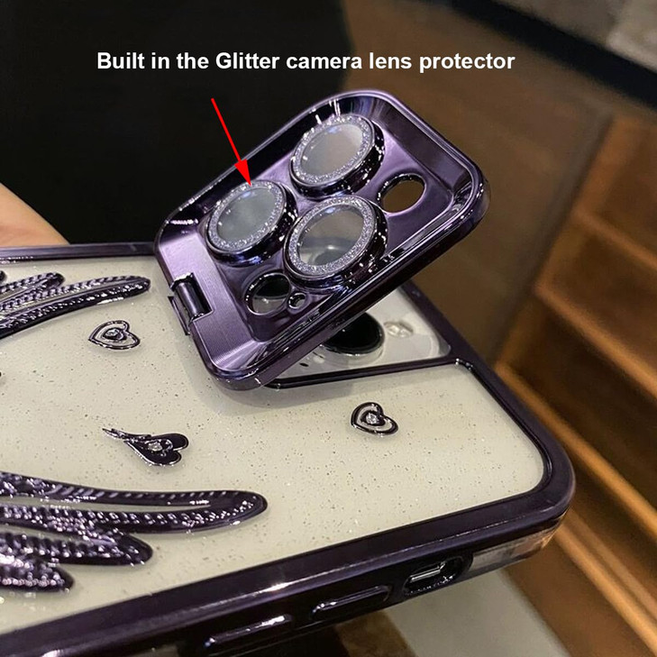 Changjia Glitter Kickstand Case for iPhone 16 Pro MaxCute 3D Bling Sparkly Diamond Wings with Camera Protector Stand TPU