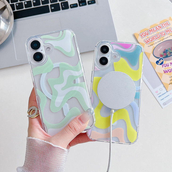 Gihklty Designed for iPhone 16 Plus Case Compatible with MagSafe Clear Fashion Simple Cute Wavy Pattern for Women Girls