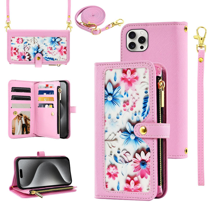 Furiet Floral Wallet Case for iPhone 16 Pro Max 69 inch with Wrist Strap Shoulder Strap Flip Zipper Purse Credit ID Card