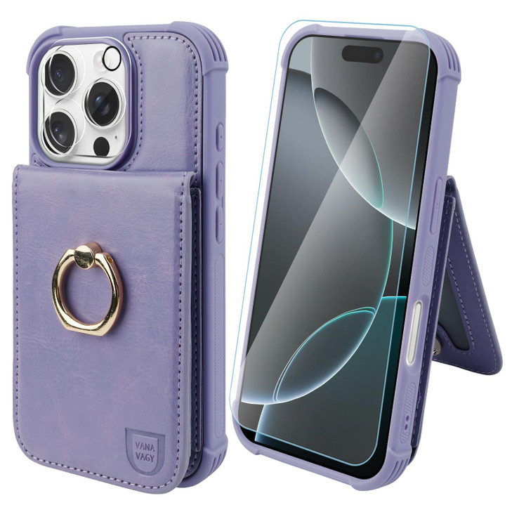 VANAVAGY Compatible for iPhone 16 Pro Wallet Case with RFID Blocking Card Holder Pocket 360 Rotation Ring Kickstand PU L