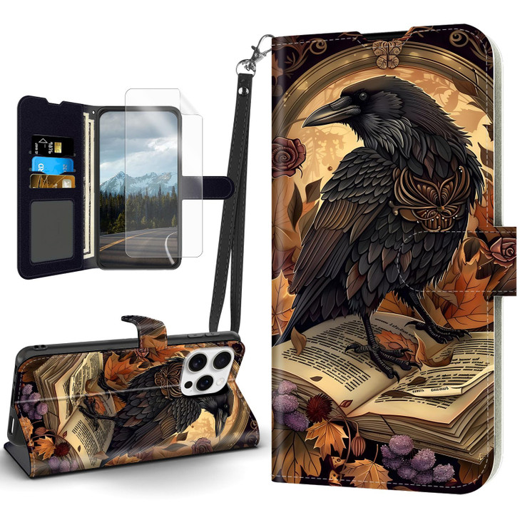 Tudguiloae for iPhone 16 Pro Max Flip Cover PU Leather Case for iPhone 16 Pro Max Crow Book Magnetic Clasp Phone Wallet