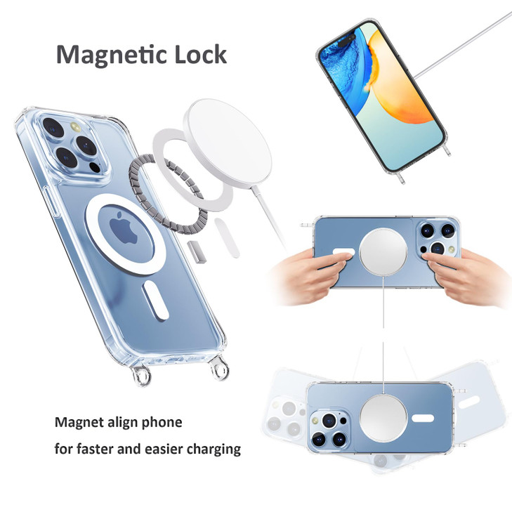 UnnFiko for iPhone 16 Pro Case Compatible with Magsafe Clear Crossbody Phone Case with Shoulder Strap Shockproof Protect
