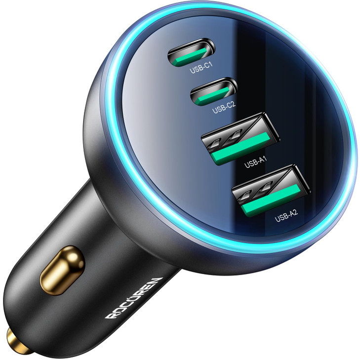 70W USB C Car Charger Rocoren 4Port PD Super Fast Charging Type C Car Charger for Multiple Devices Cigarette Lighter Ada