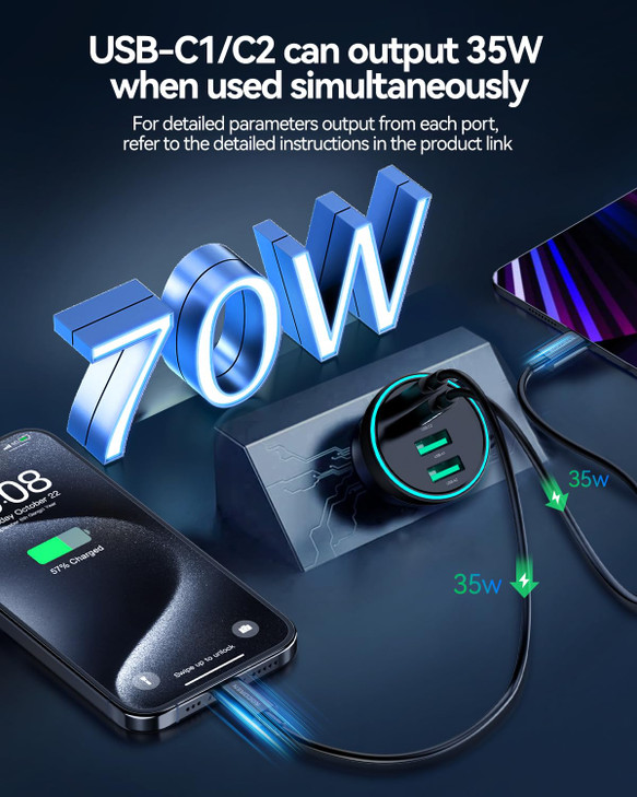 70W USB C Car Charger Rocoren 4Port PD Super Fast Charging Type C Car Charger for Multiple Devices Cigarette Lighter Ada