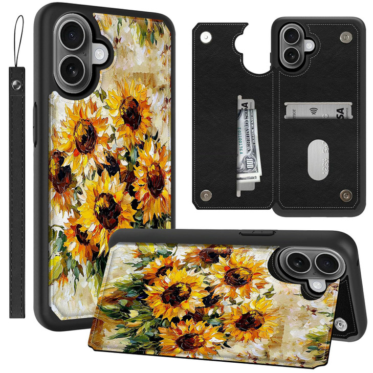 for iPhone 16 Plus Wallet Case 67 Watercolor Sunflowers PU Leather Wrist Strap Credit Card Holder Slots Magnetic Clasp K