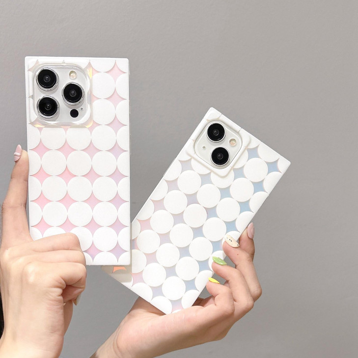 Reezaddin Rectangle White Polka Dots Star Iridescent Phone Case for iPhone 16 Pro 2024Retro Rectangled Geometric Checker