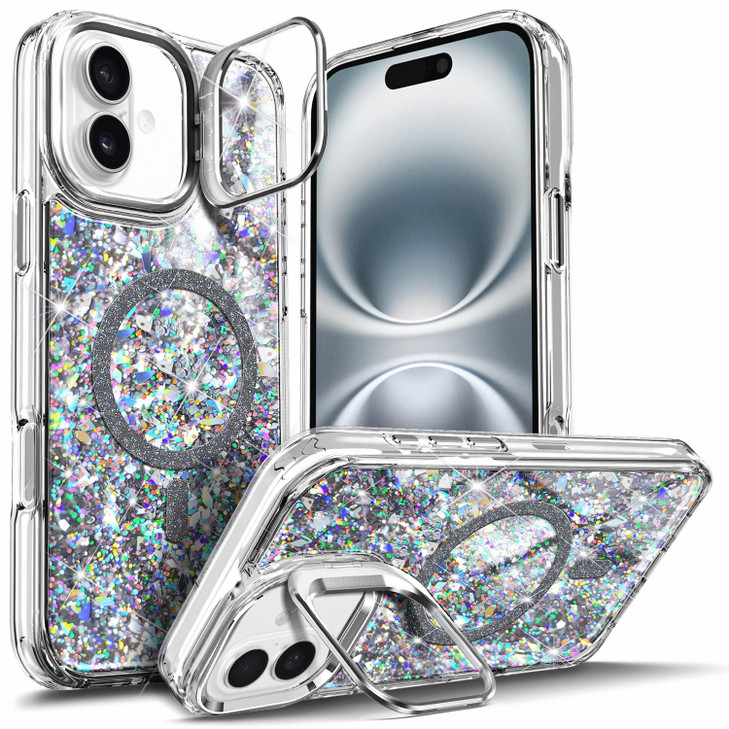 YZB Magnetic for iPhone 16 Pro Case Crystal Gem Compatible with MagSafe Glitter Sparkly Bling Builtin Stand MilitaryGrad