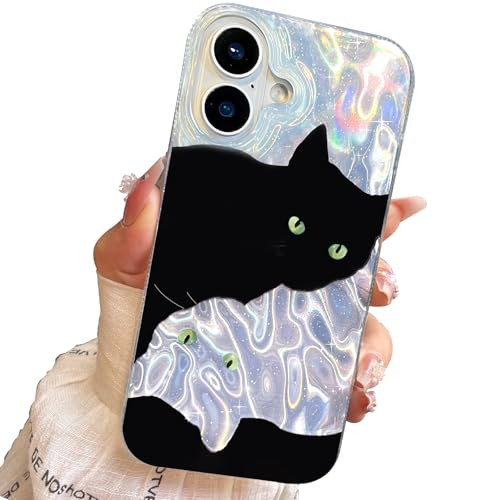 buccilly Compact Case for iPhone 16 Plus Black cat DesignCompatible with Magsafe Cute Soft Slim TPU Shockproof Protectiv