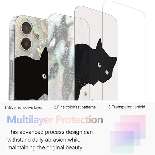 buccilly Compact Case for iPhone 16 Plus Black cat DesignCompatible with Magsafe Cute Soft Slim TPU Shockproof Protectiv