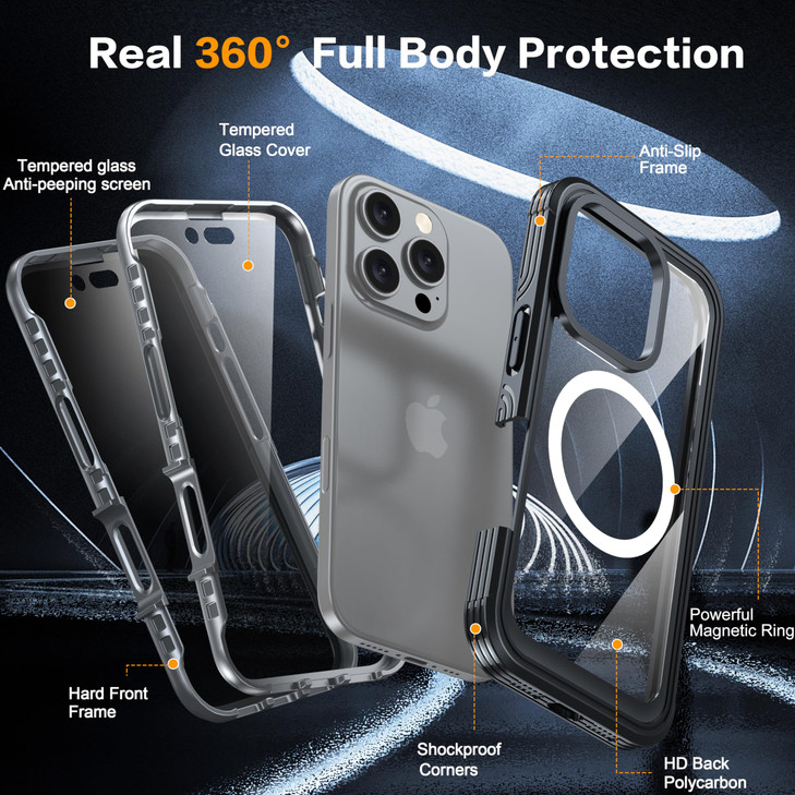 AMILIFECASES for iPhone 16 Plus Case Double Front Frame Builtin 9H Tempered Glass Screen Protector Privacy Screen Protec