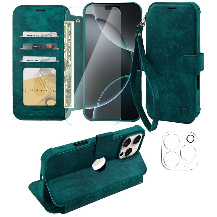 VANAVAGY Compatible for iPhone 16 Pro Wallet Case PU Leather Flip Cover with RFID Blocking Card Holder Wrist Strap Kicks