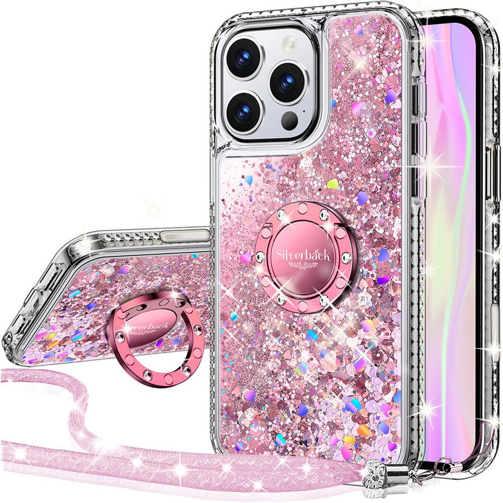 Silverback for iPhone 16 Pro Max Case Moving Liquid Holographic Sparkle Glitter Case with Kickstand Girls Women Bling Di