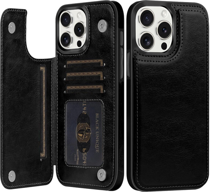 XIMAND for iPhone 16 Pro Max Case with Credit Card HolderRFID BlockingPU Premium Leather Double Magnetic Clasp Kickstand