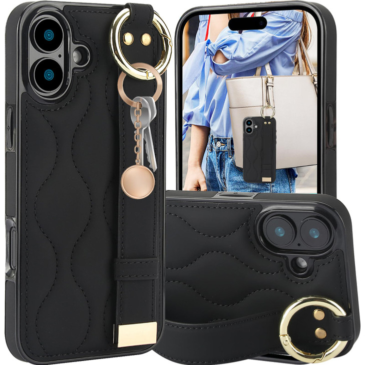 Ephoou Finger Loop Ring Wrist Band Case for iPhone 16 with Keychain Adjustable Wristband Holder Kickstand Stand Function