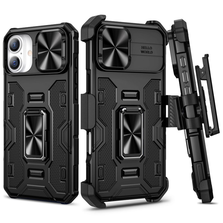 VEGO for iPhone 16 Plus Case with Stand Camera Lens Cover 360 Rotatable Ring Kickstand Belt Clip Holster Upgraded Milita
