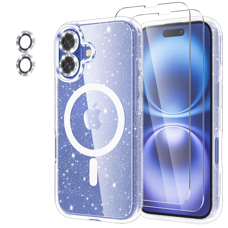 Jasmeas Magnetic for iPhone 16 Plus Case Glitter with 2X Screen Protector 2X Camera Lens Protector Compatible with Magsa