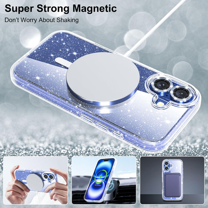 Jasmeas Magnetic for iPhone 16 Plus Case Glitter with 2X Screen Protector 2X Camera Lens Protector Compatible with Magsa
