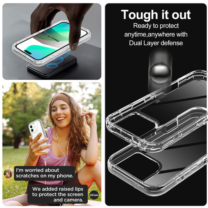 AICase for iPhone 16 Case ClearHeavy Duty Durable 3Layer Not YellowingMilitary Grade Drop Protection ShockproofDropProof