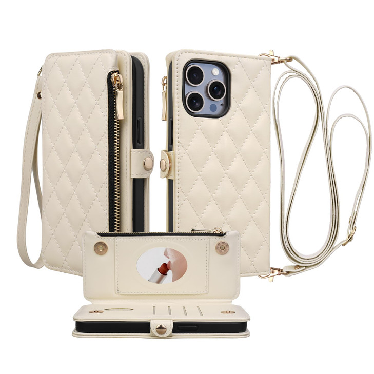 TOCQELOY for iPhone 16 Pro Wallet Case with Mirror Wristlet Crossbody Strap Zipper Card Holder RFID Blocking Flip Magnet